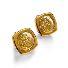 Vintage Gianni Versace clear and gold tone medusa face motif earrings. Classic jewelry. 060305m