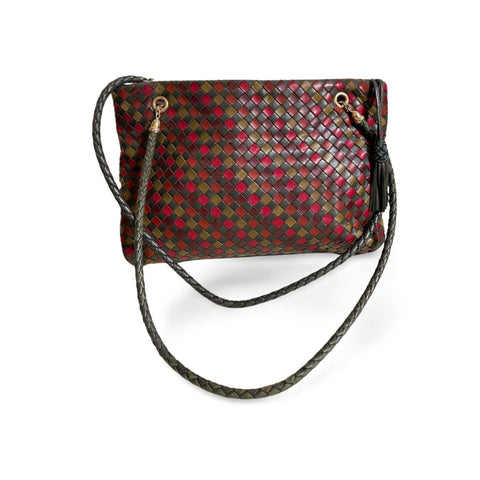 Vintage Bottega Veneta multicolor intrecciato woven leather shoulder bag. Brown, red, khaki, orange, and green. Beautiful purse.060325ac
