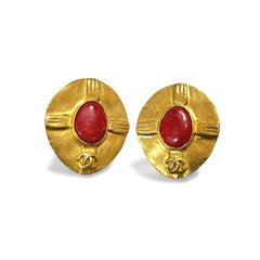 Vintage CHANEL oval golden earrings with red stone and CC mark. Large statement jewelry. Masterpiece jewelry. 060229ya