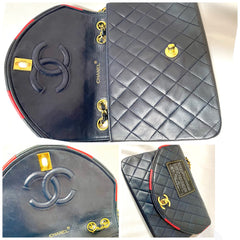 80's vintage Chanel dark navy lambskin 2.55 classic shoulder bag with gold chain and turn lock cc closure. Unique oval red edges. 051205ac4