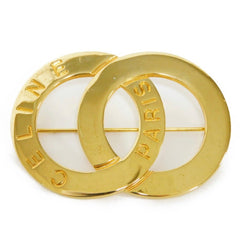 W5 Vintage Celine golden brooch in double circle, round motif with embossed logo. Great vintage gift. Can be a scarf pin. 050929ya1