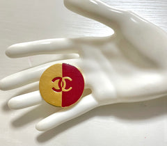 Vintage CHANEL red and gold round CC brooch. Hat, scarf, jacket. Great gift. 050619ya