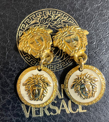 Vintage Gianni Versace medusa face motif dangle earrings with white medusa and black medusa. Lady Gaga style jewelry piece. 050601ya3