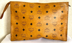 Vintage MCM classic brown monogram clutch bag, makeup pouch, toiletry bag. Clutch purse for unisex use, designed by Michael Cromer. 050605ya
