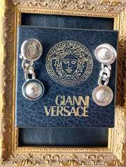 Vintage Gianni Versace silver dangle earrings with medusa faces and chain motif. Must have Lady Gaga style jewelry piece. 050601ya2