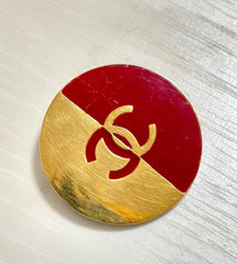 Vintage CHANEL red and gold round CC brooch. Hat, scarf, jacket. Great gift. 050619ya