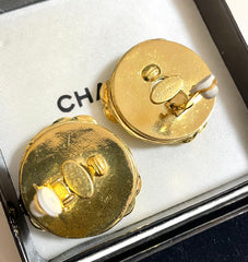 Vintage CHANEL large golden round earrings with faux pearl and CC motifs. Big size earrings. 050601ya4