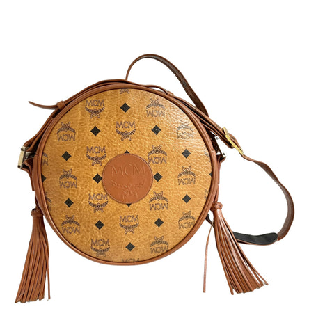 Vintage MCM brown monogram round Suzy Wong shoulder bag with brown leather trimmings. Designed by Michael Cromer. Unisex. 050524ra1