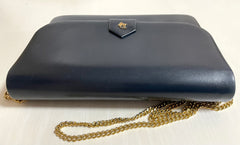 Vintage Christian Dior navy leather clutch purse, mini bag with golden motif and chain strap. 050327rc5