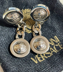 Vintage Gianni Versace silver dangle earrings with medusa faces and chain motif. Must have Lady Gaga style jewelry piece. 050601ya2