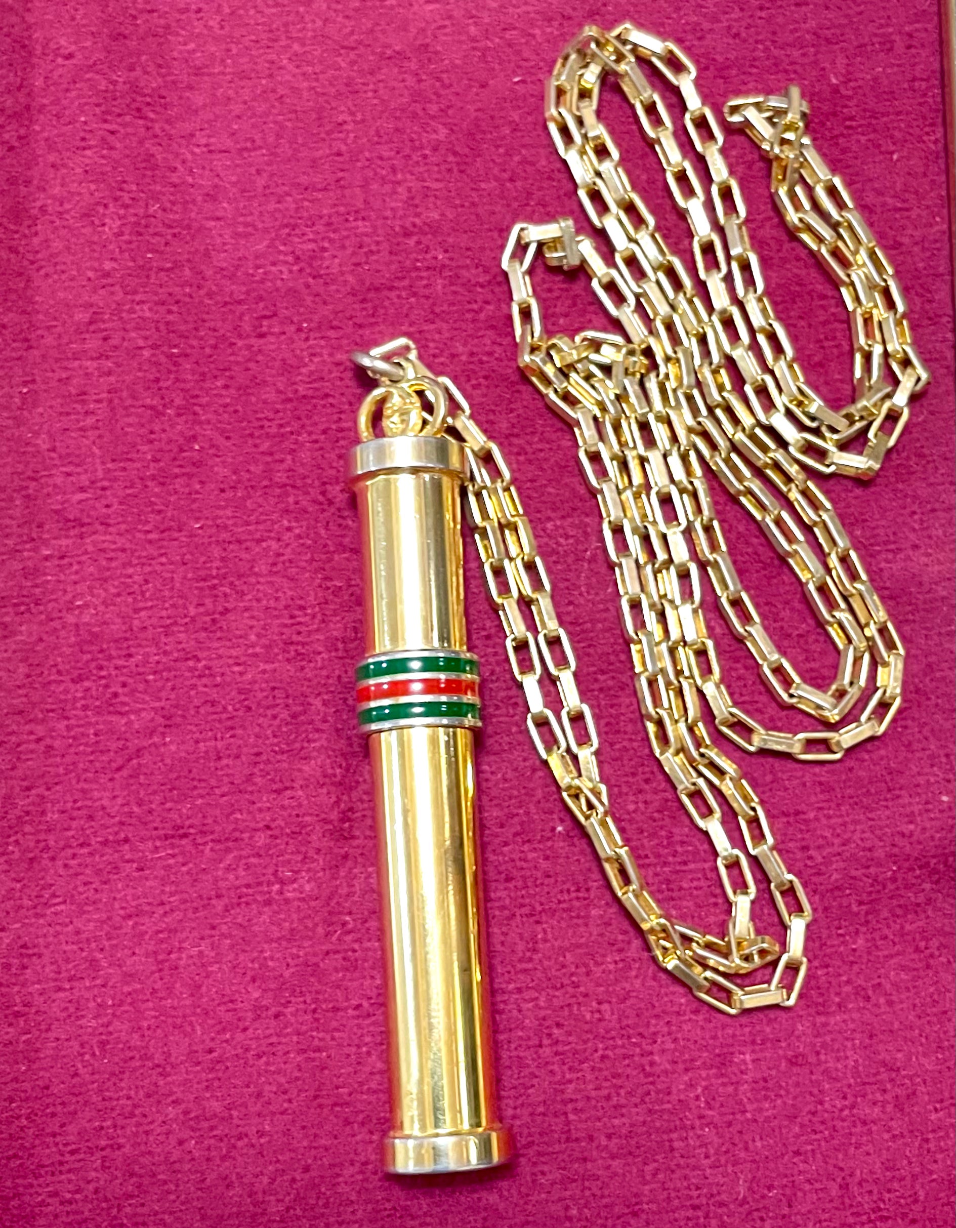 Vintage Gucci golden stick perfume bottle necklace with webbing, green and red color. Unisex. Best vintage jewelry. 050527ya2