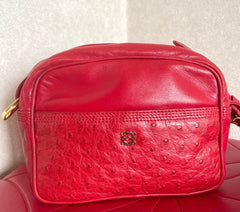 Vintage LOEWE genuine ostrich leather camera bag style shoulder purse with logo motif. Rare masterpiece. 050531yc1