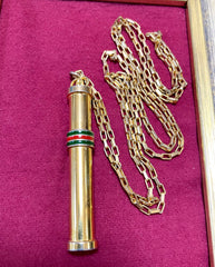 Vintage Gucci golden stick perfume bottle necklace with webbing, green and red color. Unisex. Best vintage jewelry. 050527ya2