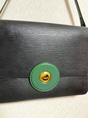 Vintage Louis Vuitton rare black epi mod shoulder bag with green bullseye. Unique epi purse. 0410282