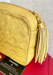 Vintage CHANEL yellow lambskin camera type chain shoulder bag with collar flap design. CC stitch mark. 050118rk1