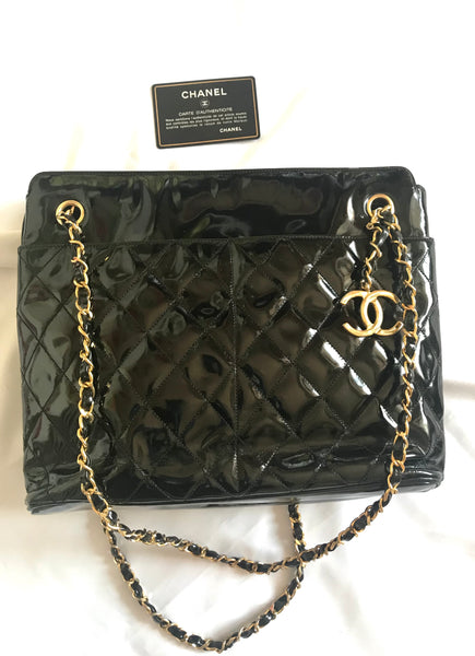 Authentic CHANEL Balck Quilted Patent Leather and Chain Tote Shoulder Bag  #52308