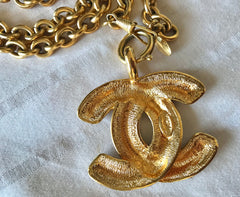 1990s. Vintage CHANEL long chain necklace with extra large matelasse CC mark pendant top.  Can be worn in double.  Gorgeous and classic jewelry piece.