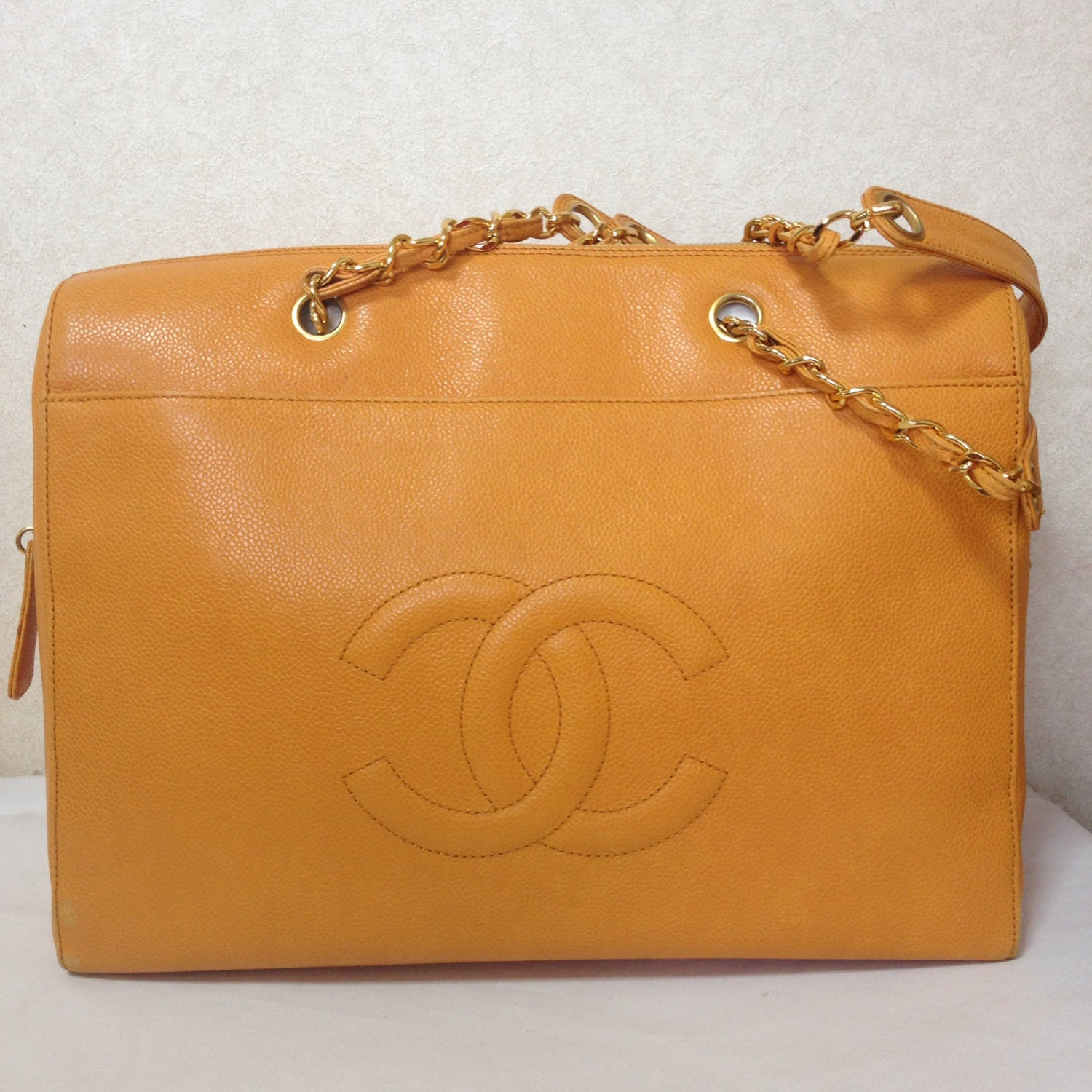 Vintage Chanel yellow caviar leather chain shoulder bag with