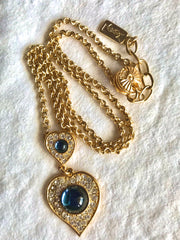 MINT. Vintage Yves Saint Laurent golden chain statement necklace with blue stone and crystal heart pendant top. 0406012