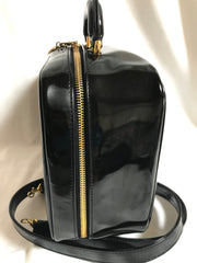 Vintage CHANEL patent enamel vanity bag, lunchbox shape shoulder bag with large CC stitch motif.