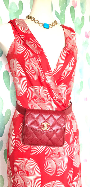 Vintage CHANEL 2.55 red caviar waist bag, fanny pack with belt and golden  CC closure hock. Would fit waist 28.3”~ 30.7”(72~78cm)