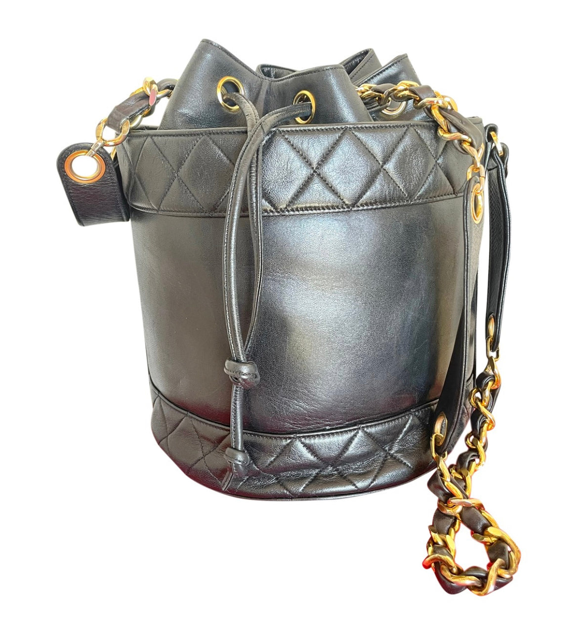 Vintage CHANEL black lambskin bucket hobo drum shoulder bag with