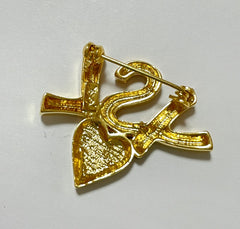 W2 Vintage Yves Saint Laurent classic YSL logo and heart brooch. Perfect pin for hat, scarf, jacket etc. Great gift.0408173