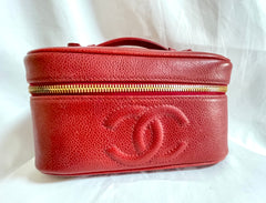 Vintage CHANEL lipstick red caviar leather cosmetic and toiletry pouch, makeup case bag. Very chic vanity purse. Must have. 0411112