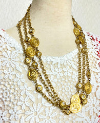 Vintage CHANEL chain and crystal glass necklace with medal CC mark charms. Can wear in double and triple. 0411211