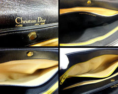 Vintage Christian Dior black calfskin leather large clutch shoulder purse with navy trotter jacquard and golden frames.Comes with coin case.