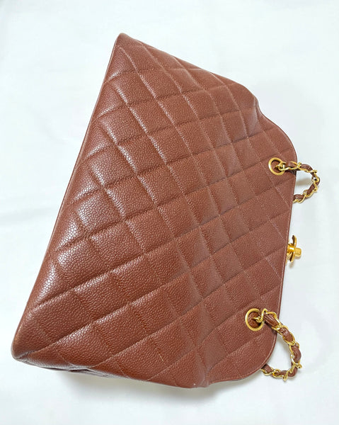 Chanel - Large CC Caviar Leather Double Flap Tan Shoulder Bag