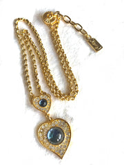 MINT. Vintage Yves Saint Laurent golden chain statement necklace with blue stone and crystal heart pendant top. 0406012