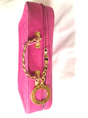 Vintage CHANEL pink canvas business bag style handbag with golden chain handle and a logo charm. Rare and collectible piece.