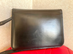 Vintage Lanvin black leather shoulder bag with iconic golden logo motif, Classic purse for daily use. 050222ya1