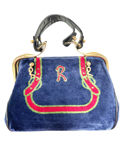 Vintage Roberta di Camerino tricolor handbag with navy, red, and green velvet with golden R charms. Classic velvet masterpiece bag. 0406211