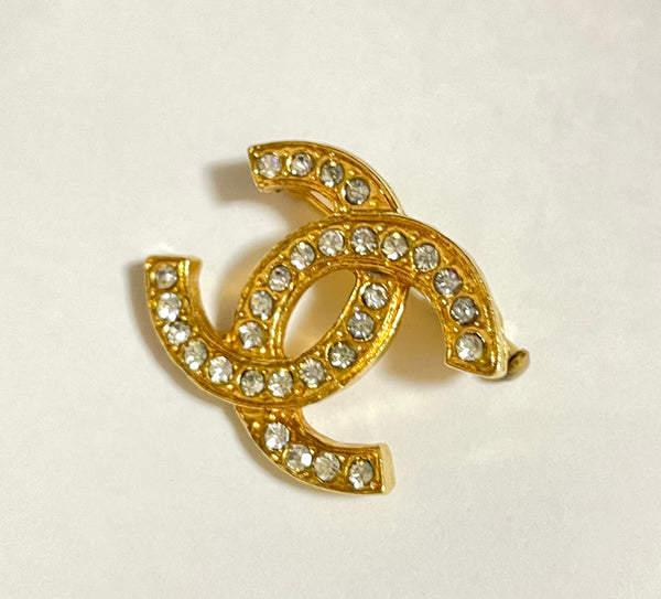 Chanel Vintage Mini Cc Brooch With Crystal Stones