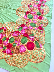 Vintage Chanel lime green scarf with gold, red, pink, green, colorful gripoix jewelry print. Large silk scarf. Gorgeous wrapping.050131ya1
