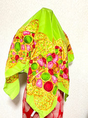 Vintage Chanel lime green scarf with gold, red, pink, green, colorful gripoix jewelry print. Large silk scarf. Gorgeous wrapping.050131ya1