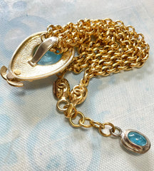Vintage CHANEL statement necklace with gripoix blue stone and CC mark top. Double chain necklace. 0407282