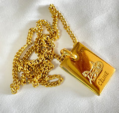 W4. Vintage Celine golden chain necklace with logo embossed plate. Classic jewelry. 050327rc3