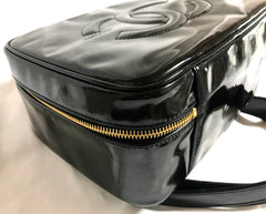 Vintage CHANEL patent enamel vanity bag, lunchbox shape shoulder bag with large CC stitch motif.