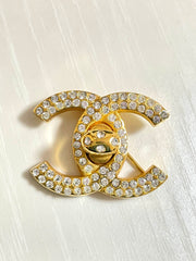 Vintage CHANEL golden turn lock CC pin brooch with crystals. Very classic and popular jewelry. Coco mark brooch. 0411251