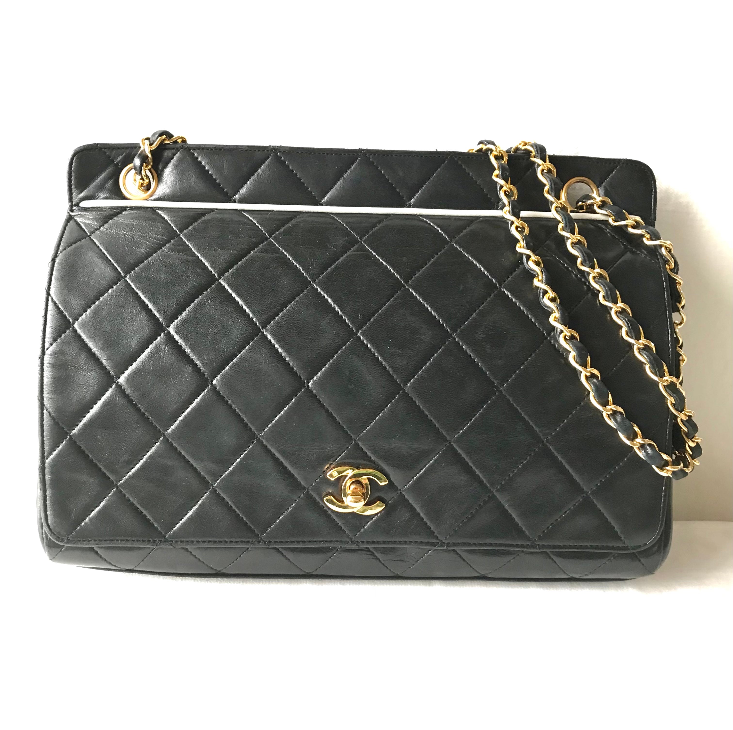 Vintage Chanel black leather 2.55 chain large shoulder bag with
