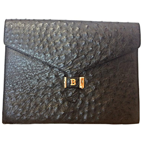 MINT. 80's vintage BALLY, genuine black ostrich leather document case, portfolio purse, large bag. 13",33cm width. Classic unisex daily use.