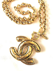 1990s. Vintage CHANEL long chain necklace with extra large matelasse CC mark pendant top.  Can be worn in double.  Gorgeous and classic jewelry piece.