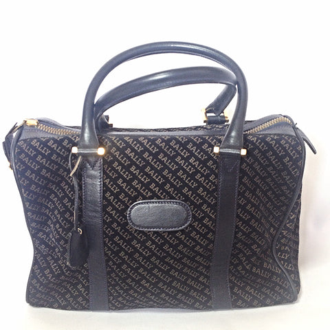 Vintage Bally dark navy genuine suede leather mini duffle, speedy type handbag purse with allover logo print. Unisex