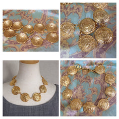 Vintage CHANEL rare statement necklace with logo embossed unique coin motif charms. Gorgeous masterpiece jewelry back in the old era.