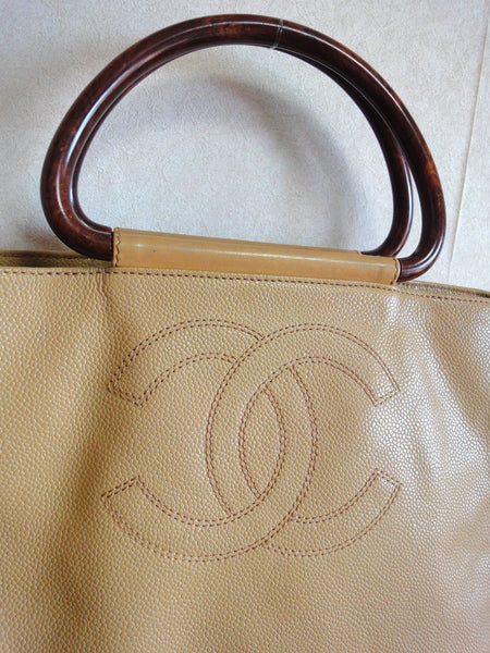Vintage CHANEL beige caviarskin large shopper, tote bag with CC