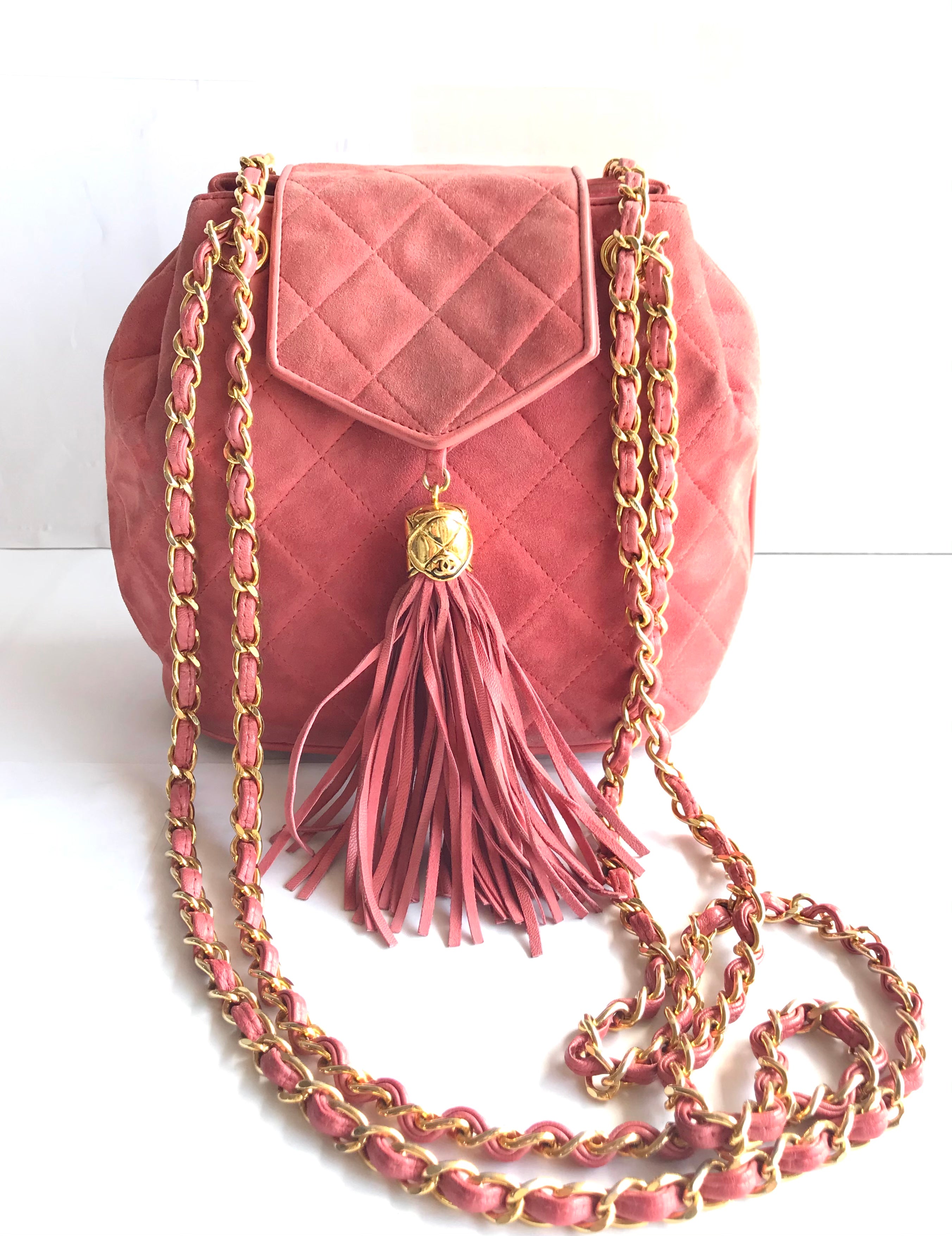 Vintage CHANEL pink suede leather chain shoulder bag with CC mark