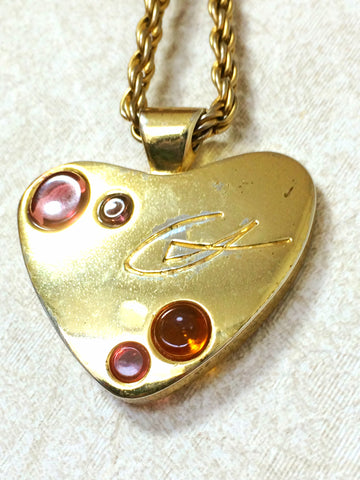 Vintage Christian Lacroix golden heart chain long necklace with pink and orange stones and embossed logo. Perfect gift jewelry.